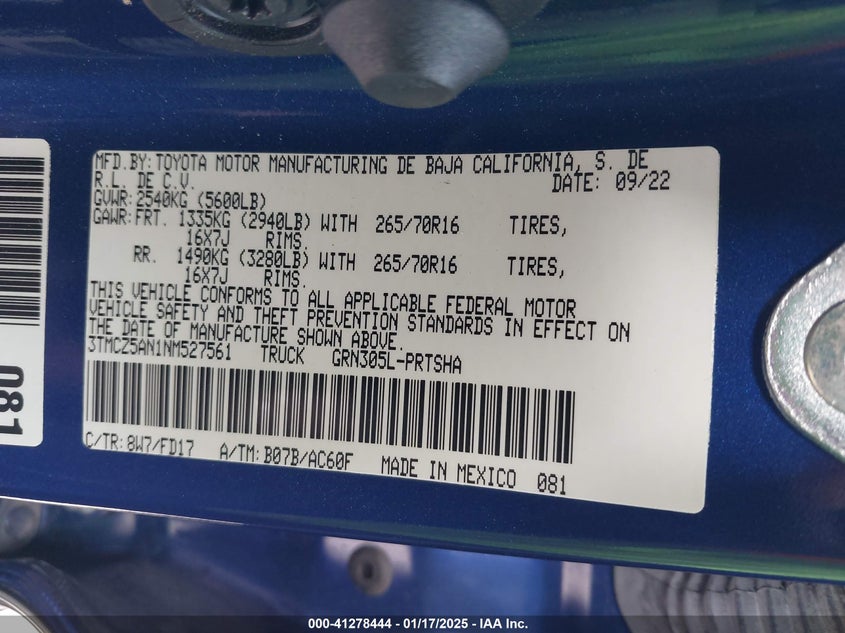 2022 TOYOTA TACOMA VIN: 3TMCZ5AN1NM527561