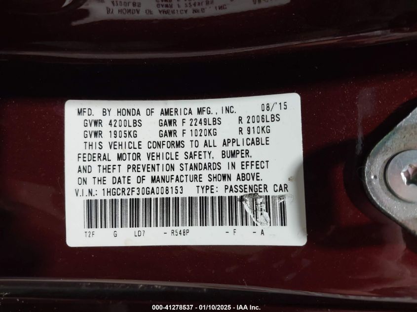 VIN 1HGCR2F30GA008153 2016 Honda Accord, LX no.9