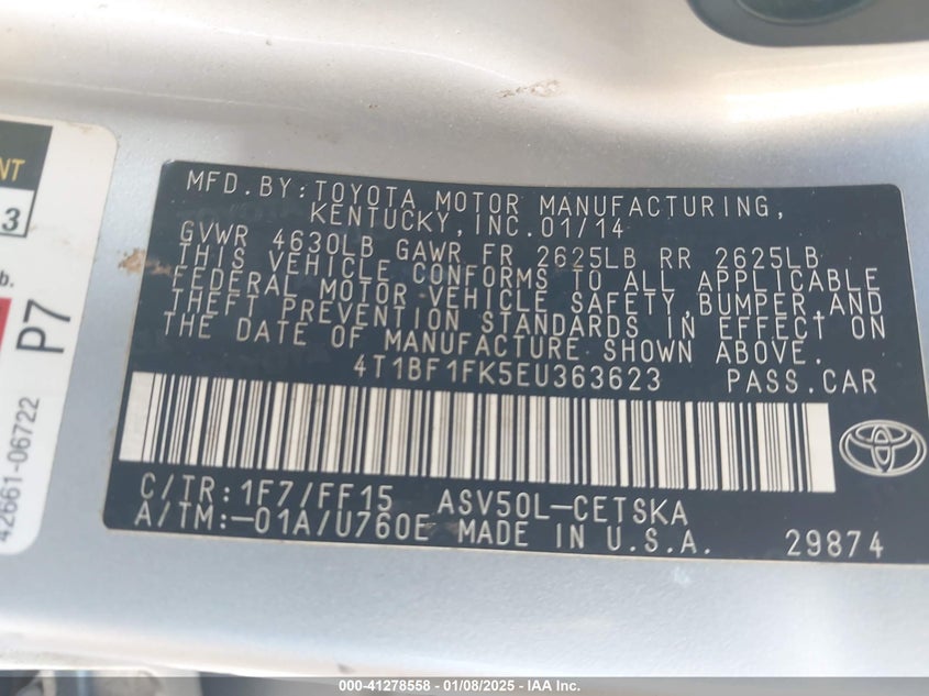 2014 TOYOTA CAMRY VIN: 4T1BF1FK5EU363623