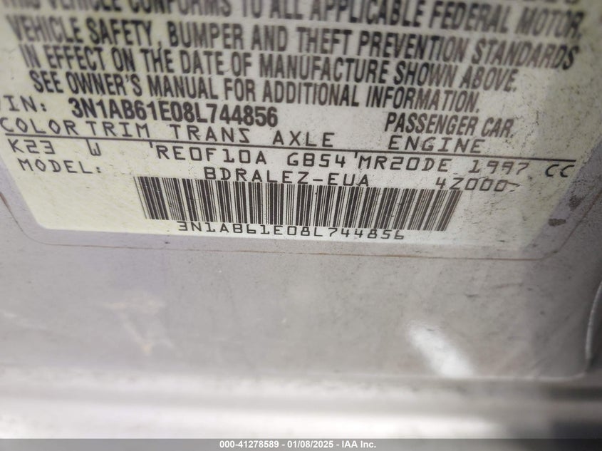 2008 Nissan Sentra 2.0S VIN: 3N1AB61E08L744856 Lot: 41278589