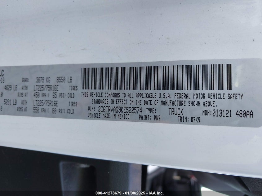 2019 RAM PROMASTER 1500 LOW ROOF 136 WB - 3C6TRVAG9KE522574