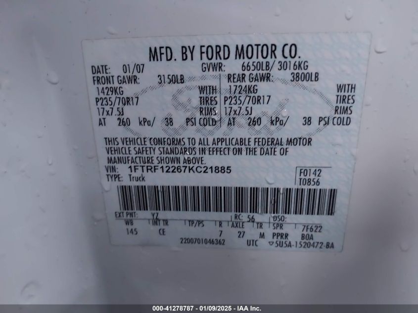 2007 Ford F-150 Stx/Xl/Xlt VIN: 1FTRF12267KTC2188 Lot: 41278787