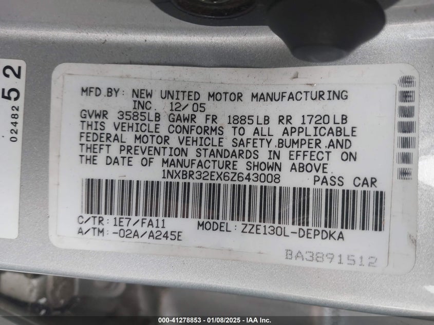 2006 TOYOTA COROLLA VIN: 1NXBR32EX6Z643008