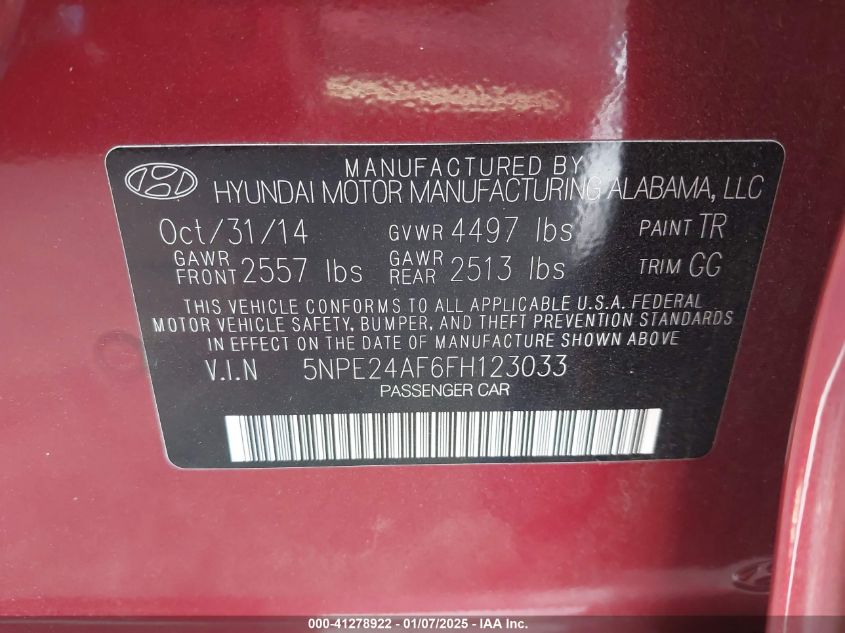 VIN 5NPE24AF6FH123033 2015 Hyundai Sonata, SE no.9