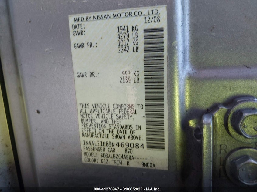 2009 NISSAN ALTIMA VIN: 1N4AL21E89N469084