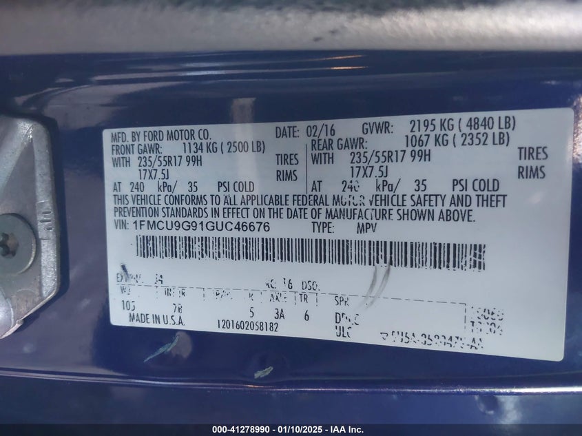 2016 FORD ESCAPE VIN: 1FMCU9G91GUC46676