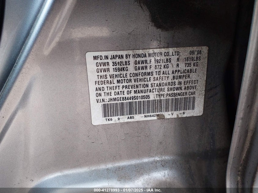 2009 HONDA FIT VIN: JHMGE88449S010505