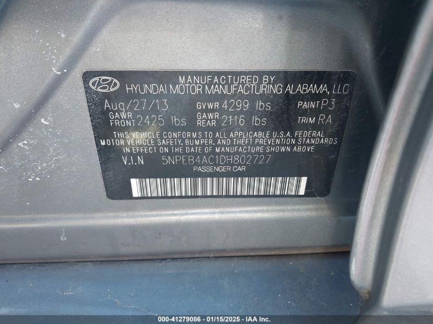 VIN 5NPEB4AC1DH802727 2013 Hyundai Sonata, Gls no.9