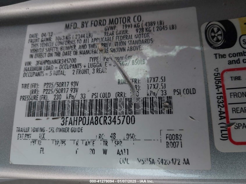 2012 FORD FUSION VIN: 3FAHP0JA8CR345700
