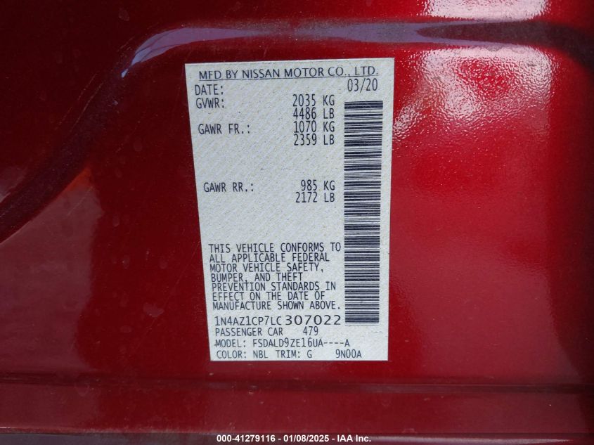 2020 Nissan Leaf Sv 40 Kwh VIN: 1N4AZ1CP7LC307022 Lot: 41279116