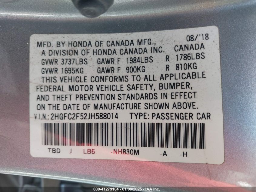 2018 Honda Civic Lx VIN: 2HGFC2F52JH588014 Lot: 41279164