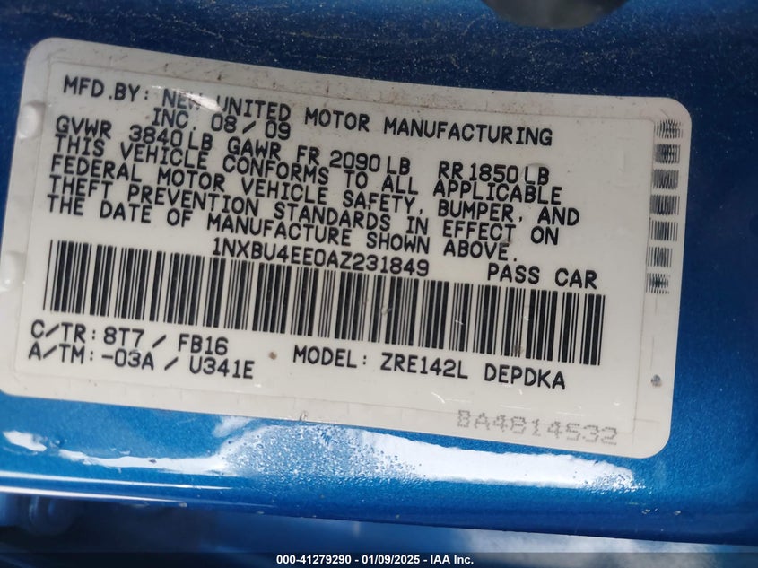 2010 TOYOTA COROLLA VIN: 1NXBU4EE0AZ231849