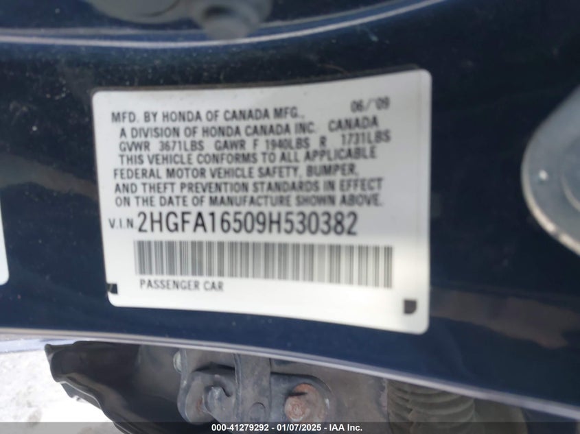 2009 HONDA CIVIC VIN: 2HGFA16509H530382