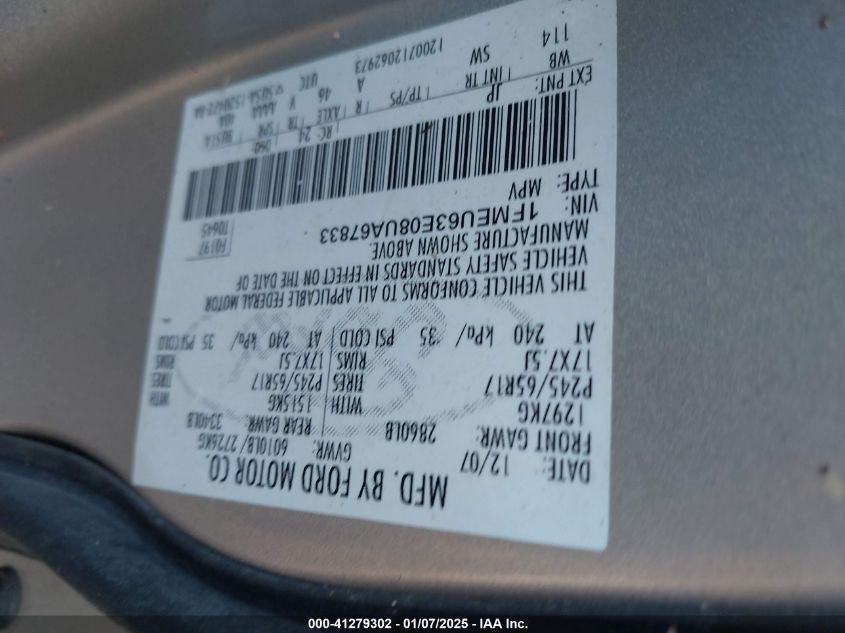 2008 Ford Explorer Xlt VIN: 1FMEU63E08UA67833 Lot: 41279302