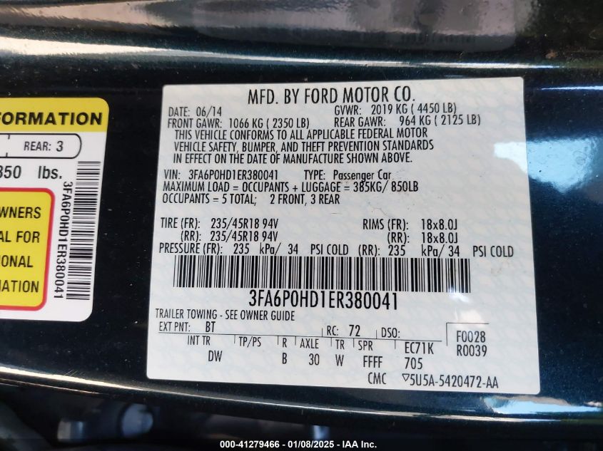 VIN 3FA6P0HD1ER380041 2014 Ford Fusion, SE no.9