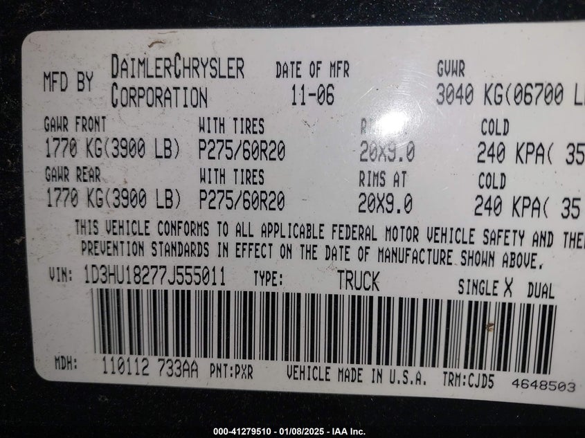 2007 DODGE RAM 1500 VIN: 1D3HU18277J555011