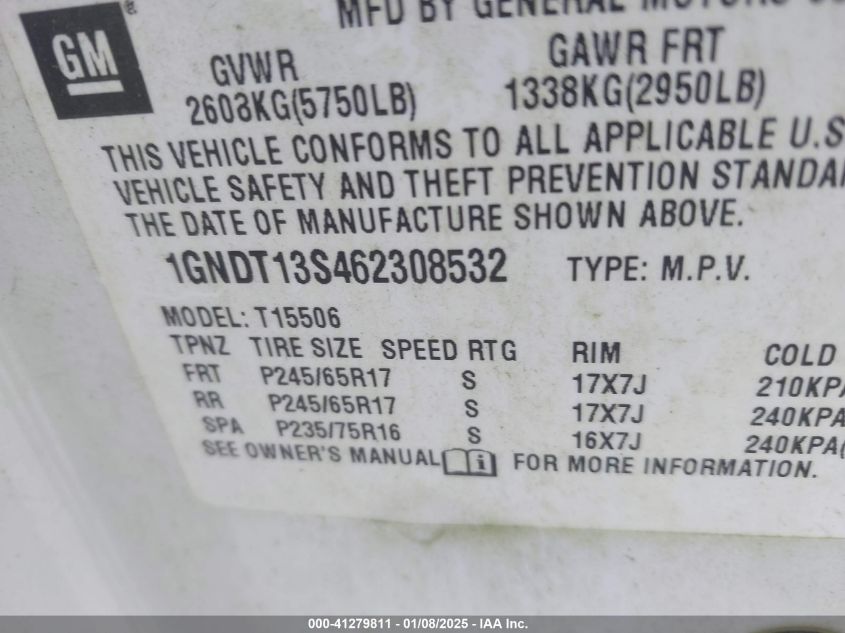 2006 Chevrolet Trailblazer Lt VIN: 1GNDT13S462308532 Lot: 41279811