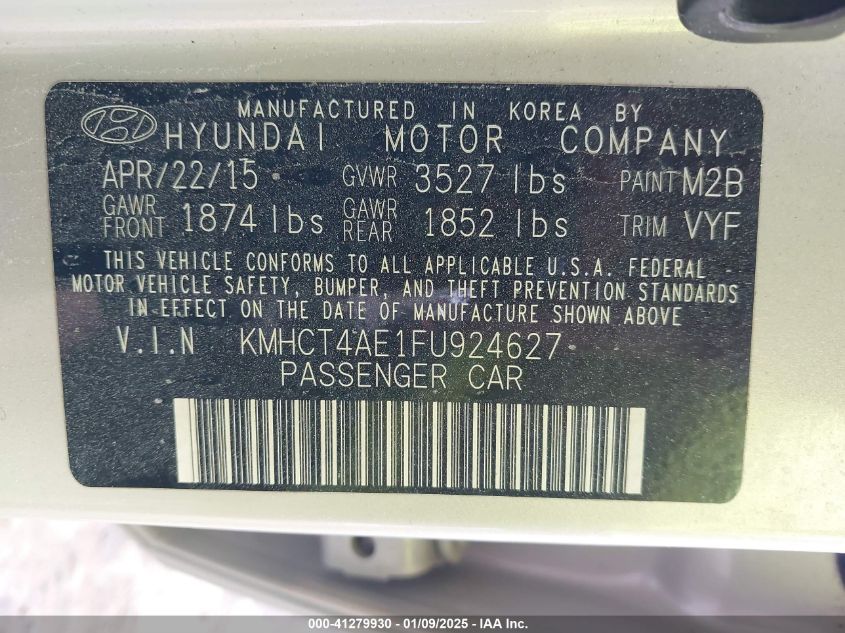 VIN KMHCT4AE1FU924627 2015 HYUNDAI ACCENT no.9