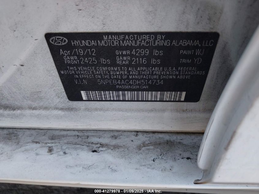 VIN 5NPEB4AC4DH514734 2013 Hyundai Sonata, Gls no.9