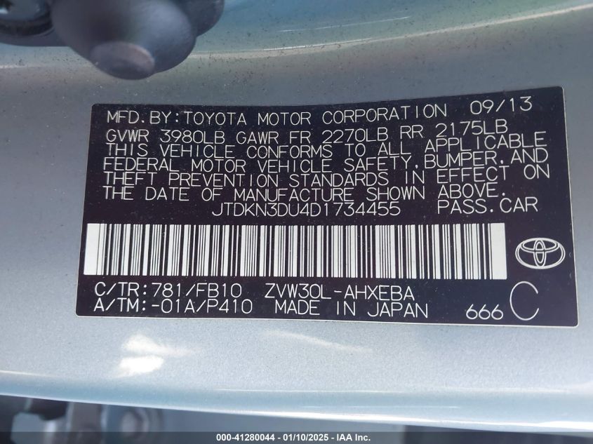 VIN JTDKN3DU4D1734455 2013 Toyota Prius, Three no.9