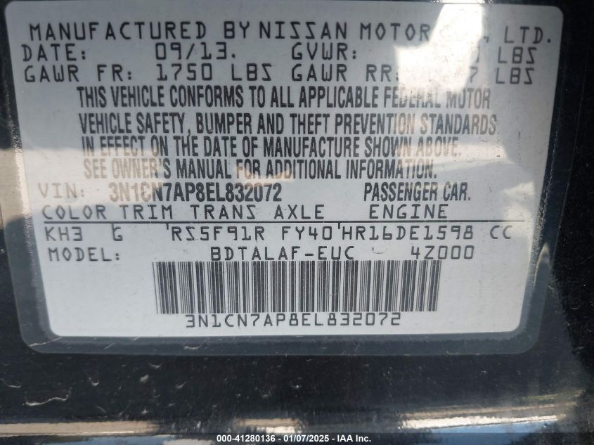 VIN 3N1CN7AP8EL832072 2014 NISSAN VERSA no.9