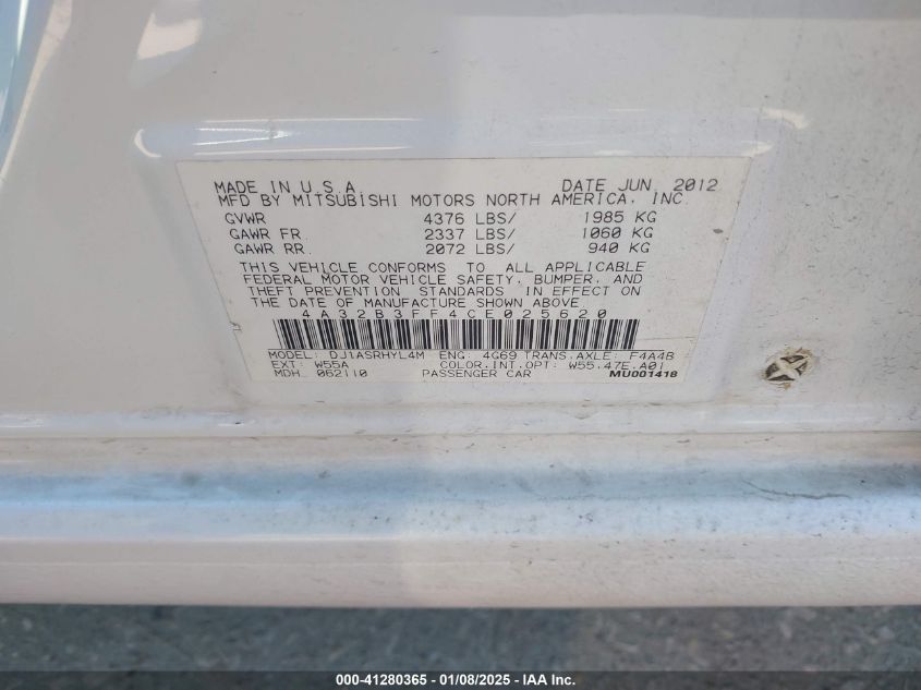 2012 Mitsubishi Galant Es/Se VIN: 4A32B3FF4CE025620 Lot: 41280365