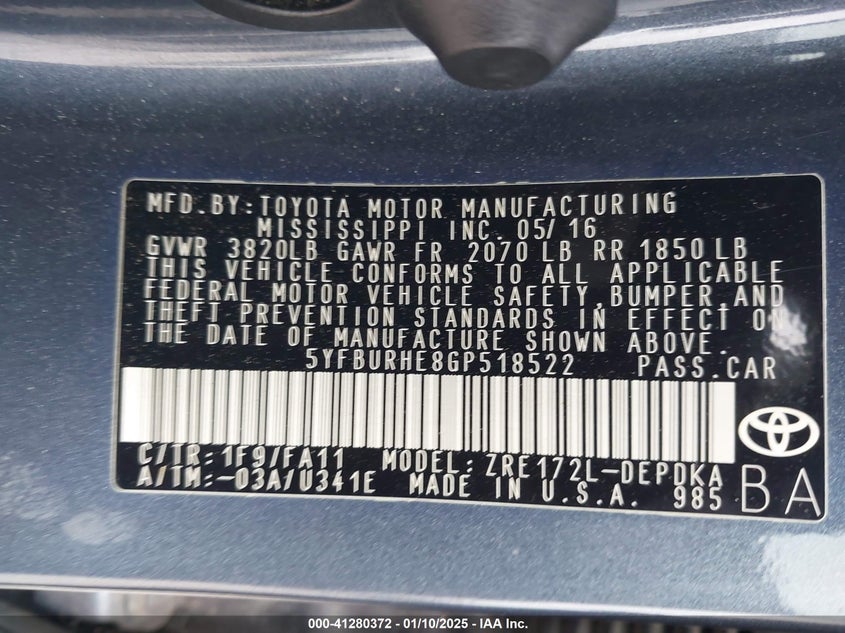 2016 TOYOTA COROLLA VIN: 5YFBURHE8GP518522