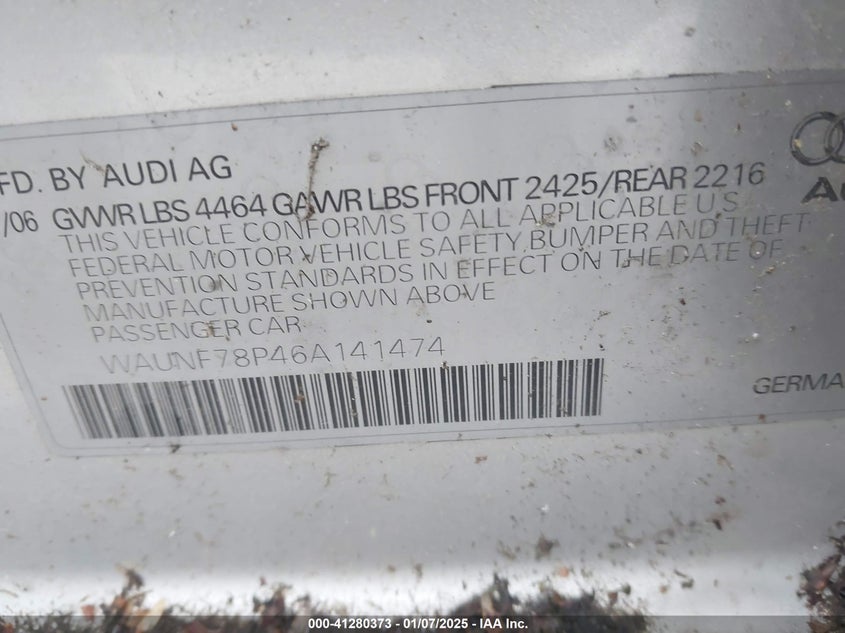 2006 AUDI A3 VIN: WAUNF78P46A141474