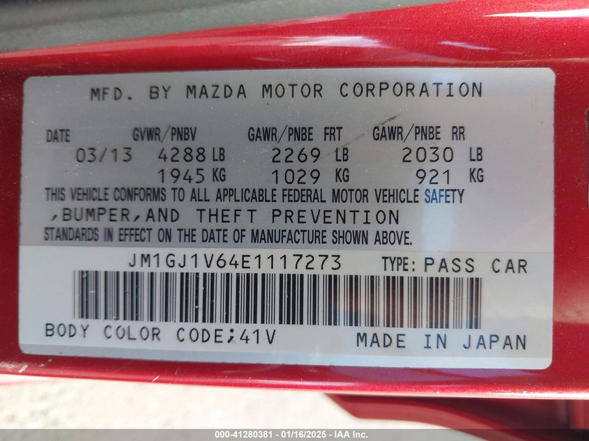 2014 MAZDA MAZDA6 VIN: JM1GJ1V64E1117273