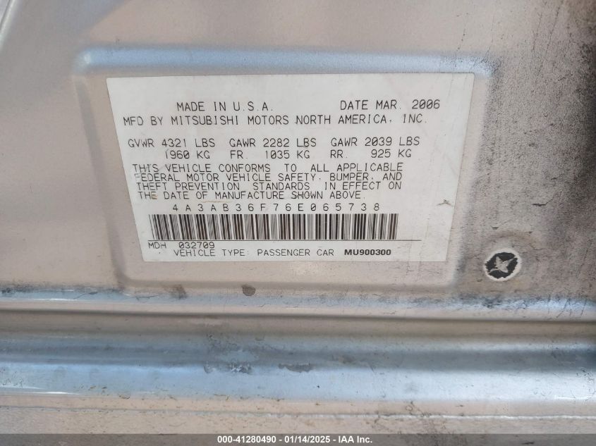 2006 Mitsubishi Galant Es/Se VIN: 4A3AB36F76E065738 Lot: 41280490