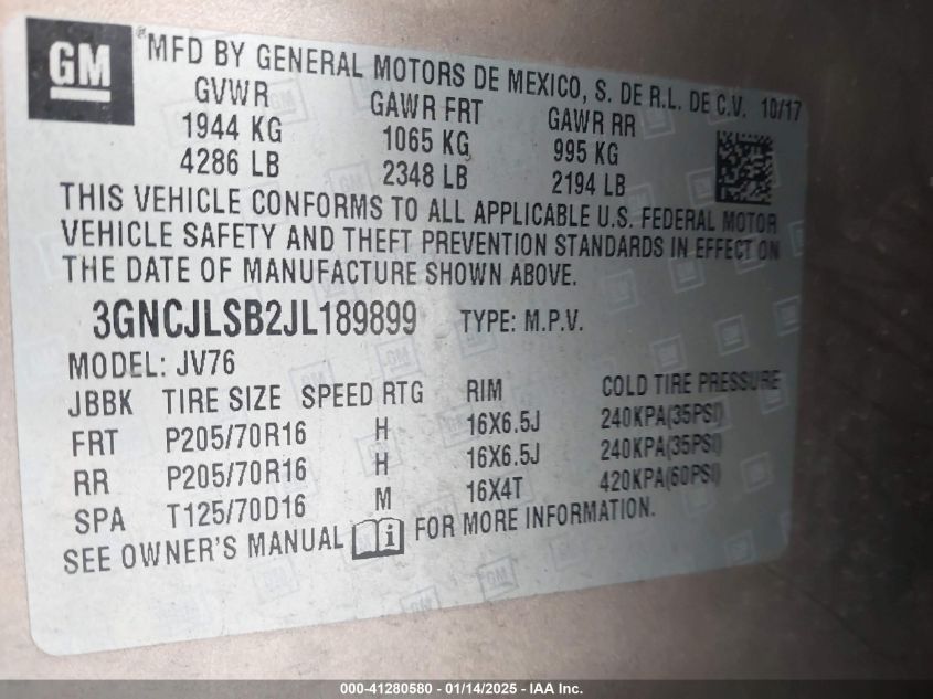 2018 Chevrolet Trax Lt VIN: 3GNCJLSB2JL189899 Lot: 41280580