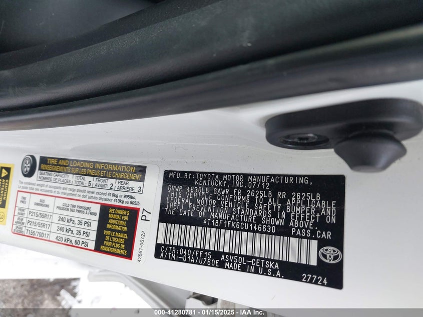 2012 TOYOTA CAMRY VIN: 4T1BF1FK6CU146630