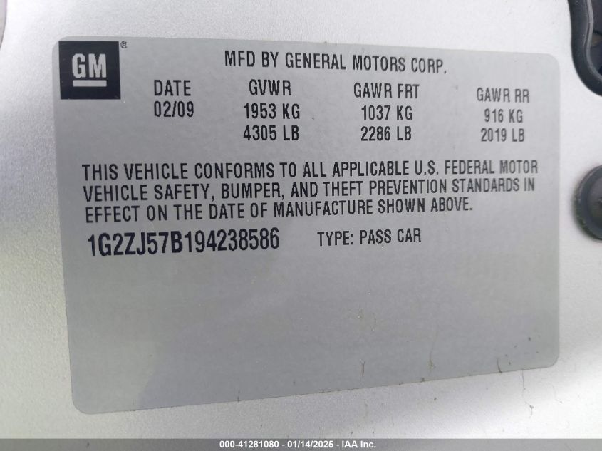 2009 Pontiac G6 New Se VIN: 1G2ZJ57B194238586 Lot: 41281080
