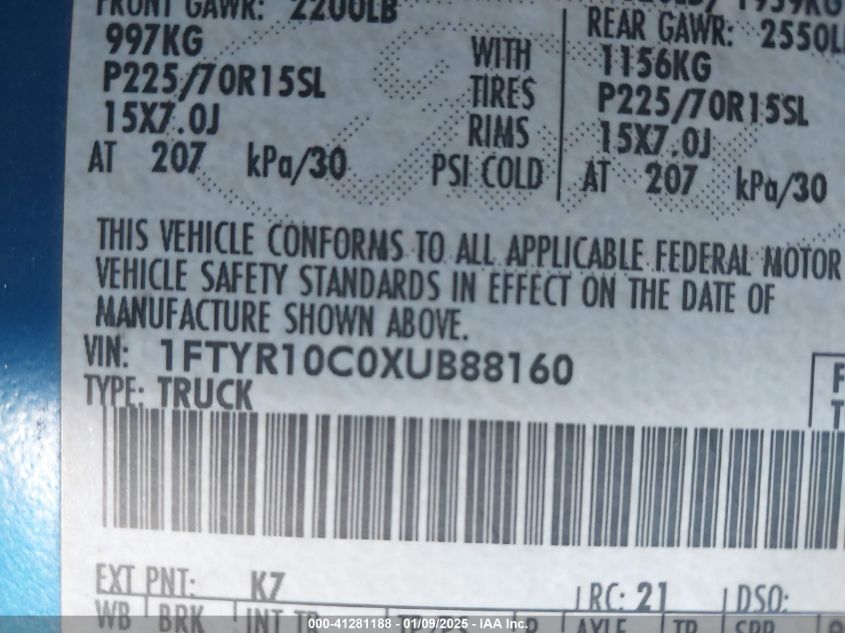 1999 Ford Ranger Xl/Xlt VIN: 1FTYR10COXUB88160 Lot: 41281188