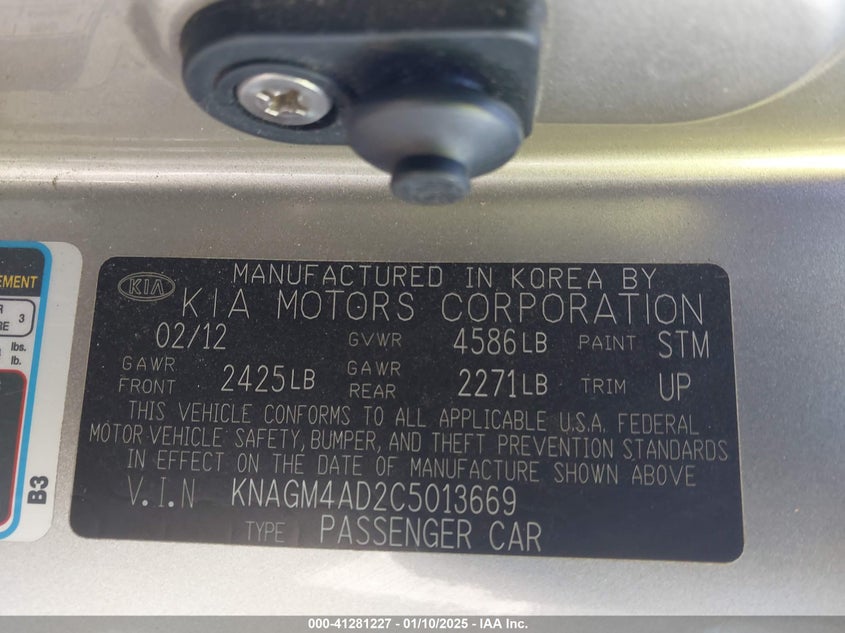 2012 KIA OPTIMA VIN: KNAGM4AD2C5013669