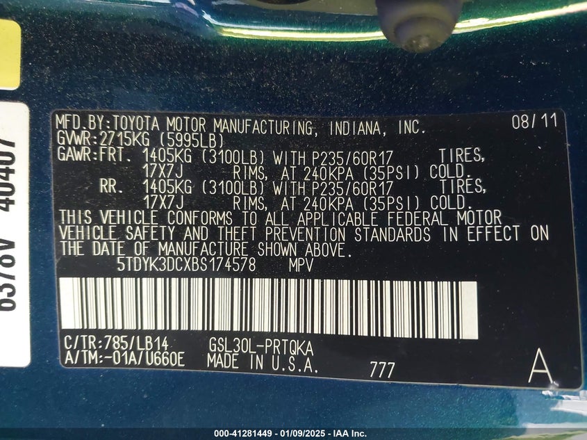 2011 Toyota Sienna Xle V6 VIN: 5TDYK3DCXBS174578 Lot: 41281449