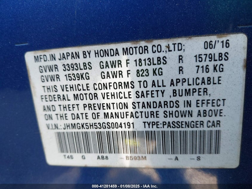 2016 HONDA FIT LX - JHMGK5H53GS004191