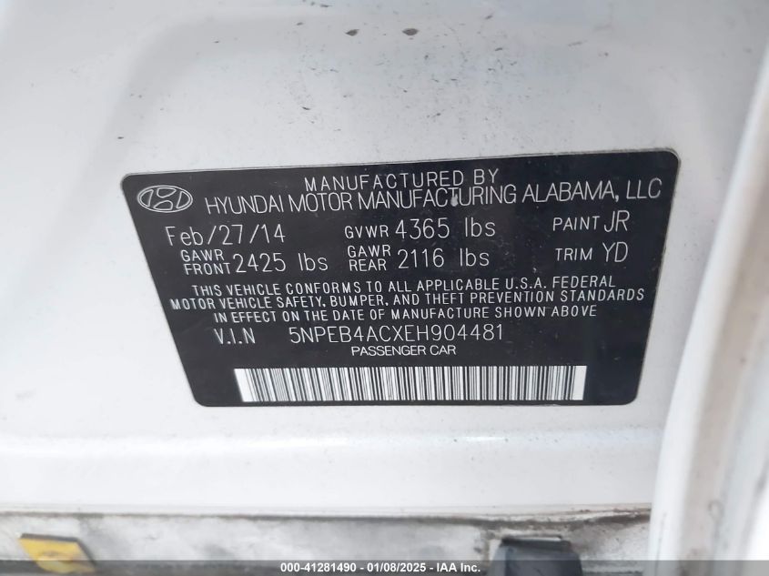 VIN 5NPEB4ACXEH904481 2014 Hyundai Sonata, Gls no.9