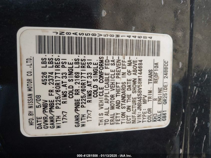 2008 Nissan Rogue Sl VIN: JN8AS58V58W144684 Lot: 41281508