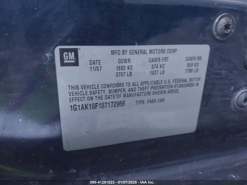 2008 CHEVROLET COBALT VIN: 1G1AK18F187172966