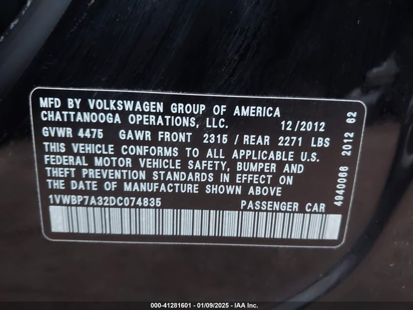 2013 VOLKSWAGEN PASSAT VIN: 1VWBP7A32DC074835