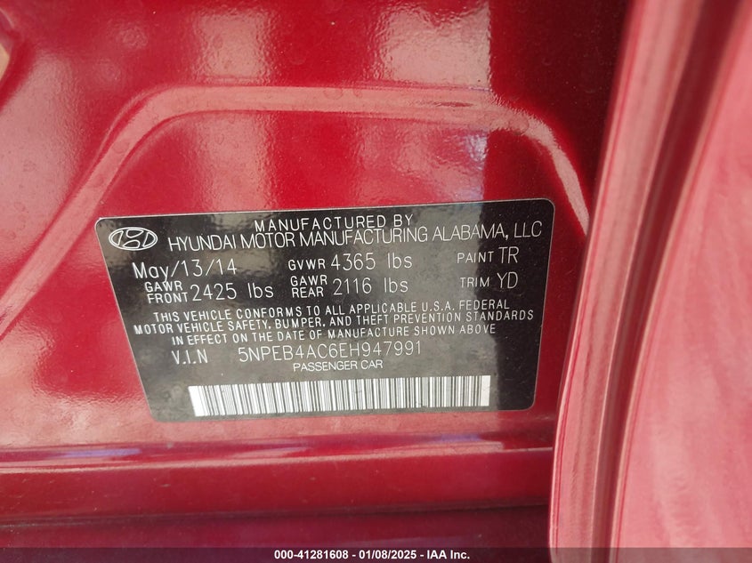 2014 HYUNDAI SONATA VIN: 5NPEB4AC6EH947991