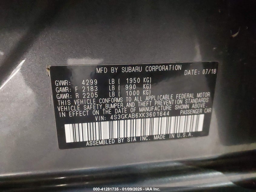 2019 SUBARU IMPREZA VIN: 4S3GKAB6XK3601644