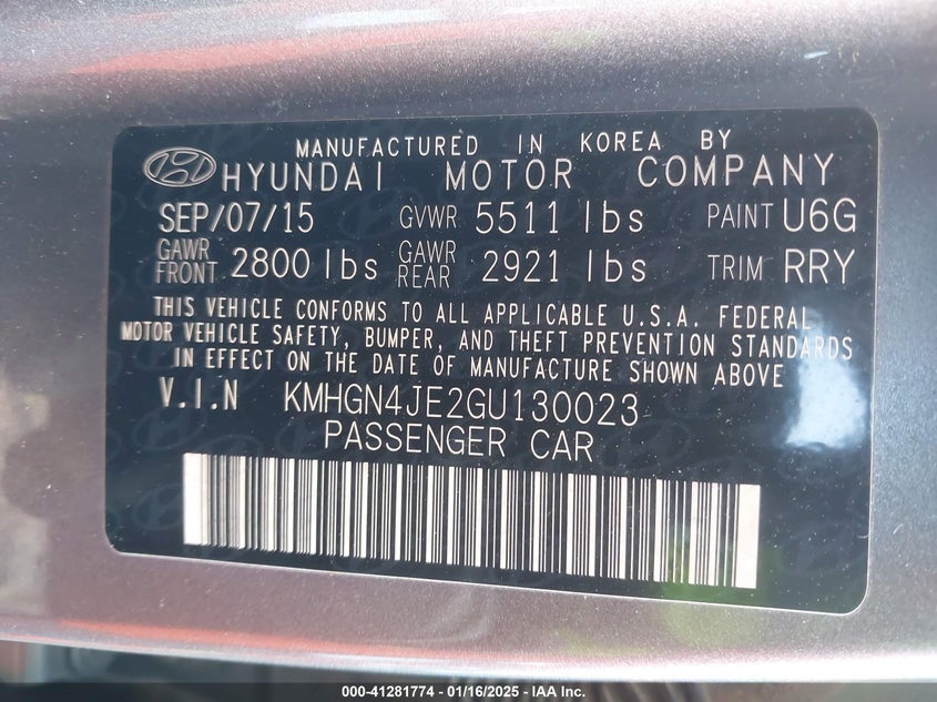 2016 HYUNDAI GENESIS VIN: KMHGN4JE2GU130023