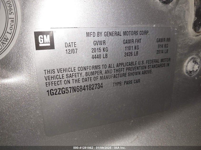 2008 PONTIAC G6 VIN: 1G2ZG57N684182734