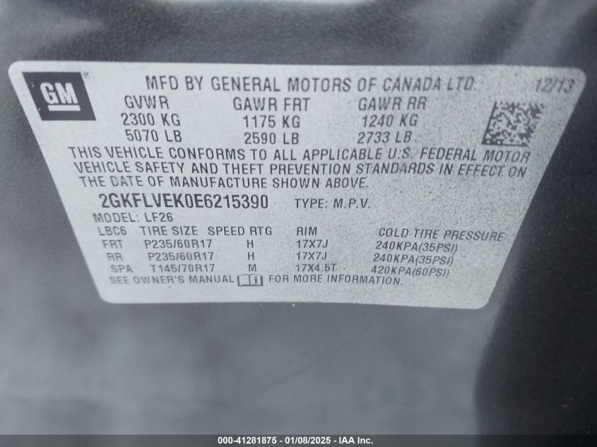 VIN 2GKFLVEK0E6215390 2014 GMC TERRAIN no.9