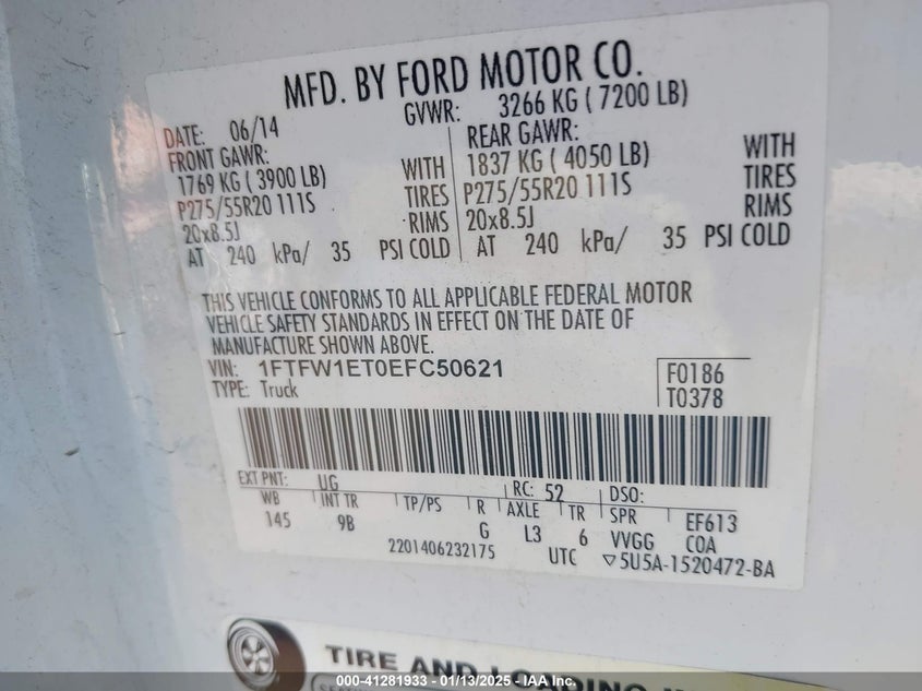 2014 FORD F-150 VIN: 1FTFW1ET0EFC50621