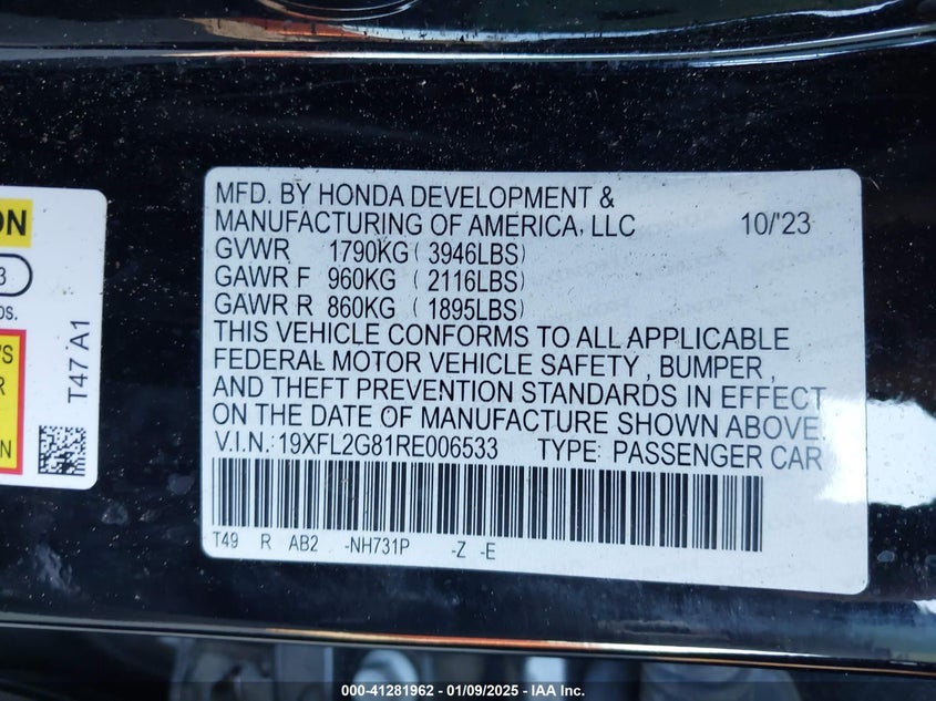2024 HONDA CIVIC VIN: 19XFL2G81RE006533