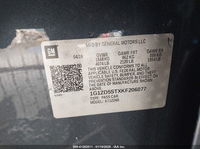 2019 CHEVROLET MALIBU VIN: 1G1ZD5STXKF206077