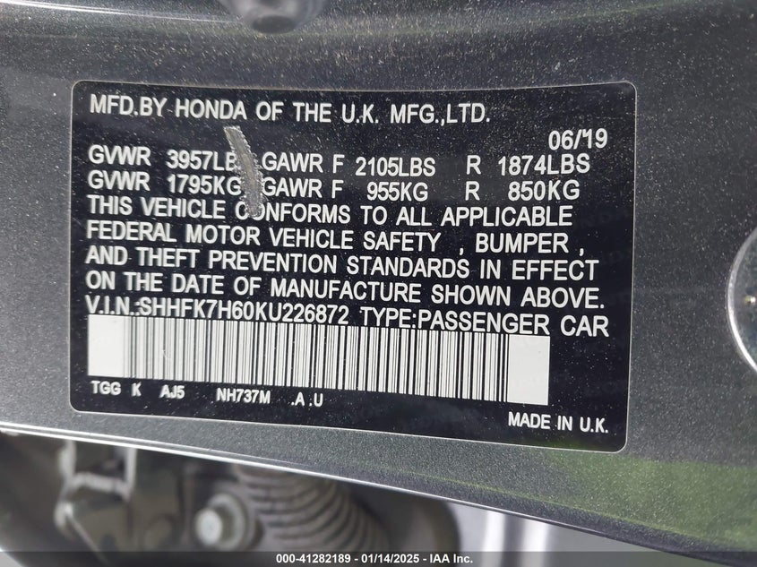 2019 HONDA CIVIC VIN: SHHFK7H60KU226872